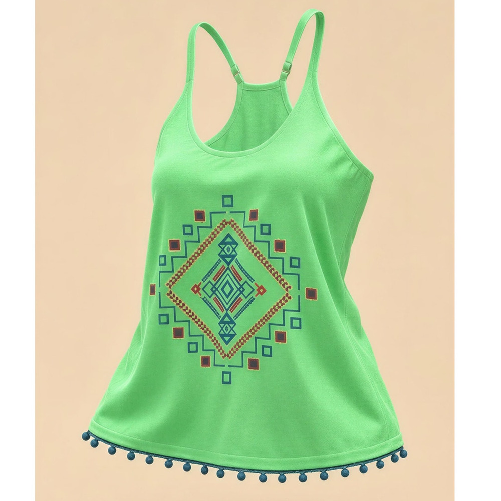 Green Boho Graphic Pom-Pom Tank Top - Women